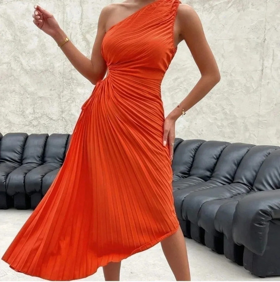 One Shoulder Cut Out Waist Pleated Asymmetrical Hem Dress Orange - Picture 1 of 5